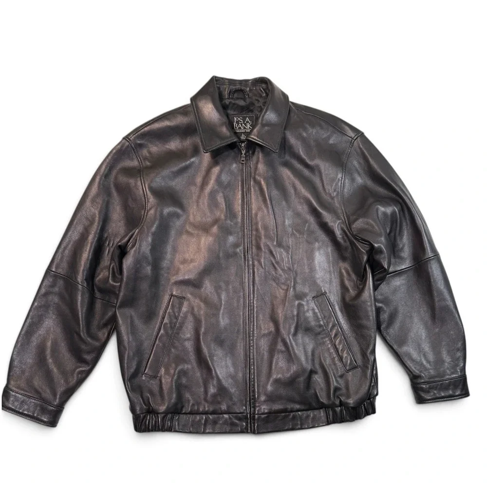 Jos A Bank Mens Black Genuine Leather Bomber Jacket Full Zip Coat Large